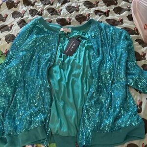 Vintage Turquoise Sequin Bomber Jacket